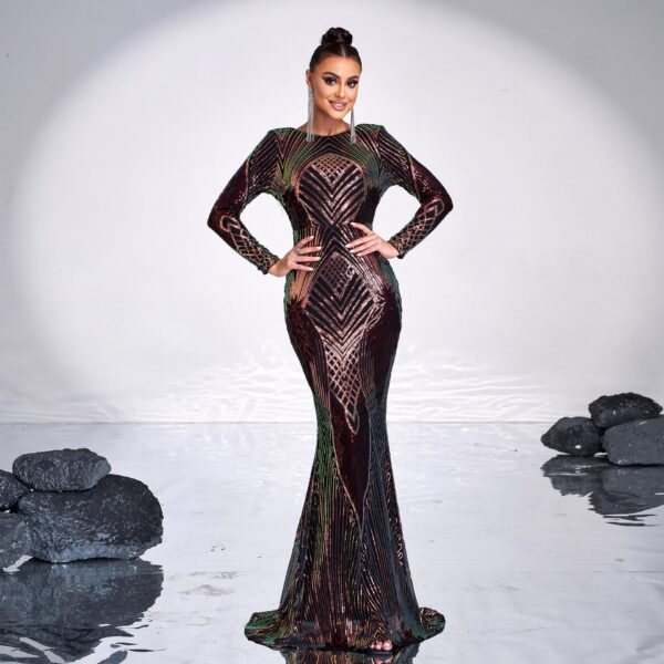 Long Sleeve Temperament Crew Neck Sexy Long Sequined Banquet Evening Dress - Image 6