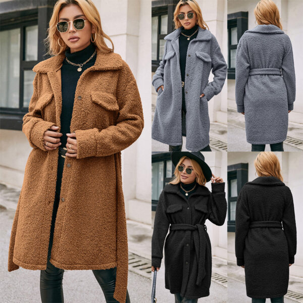 Mid-length Lapel Belt Single-breasted Plush Trench Coat