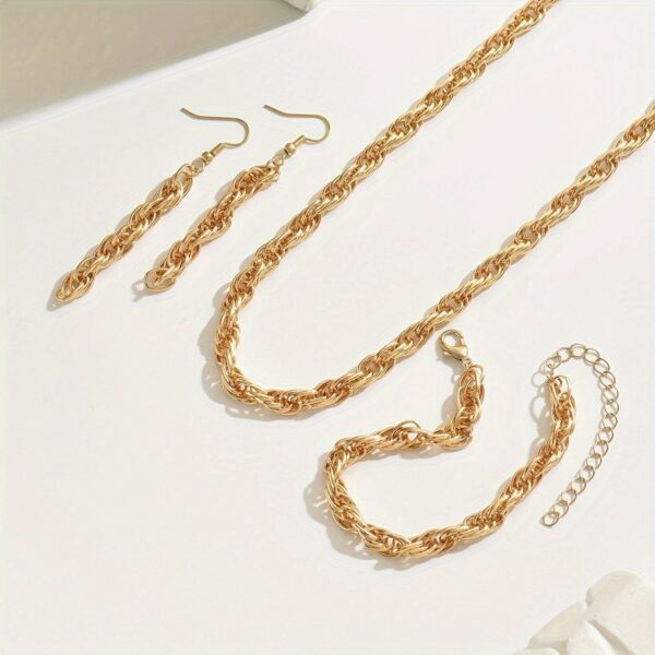 14K Gold Plated Stylish Gold Chain Link  Necklace, Bracelet, And Earring Set - Image 3