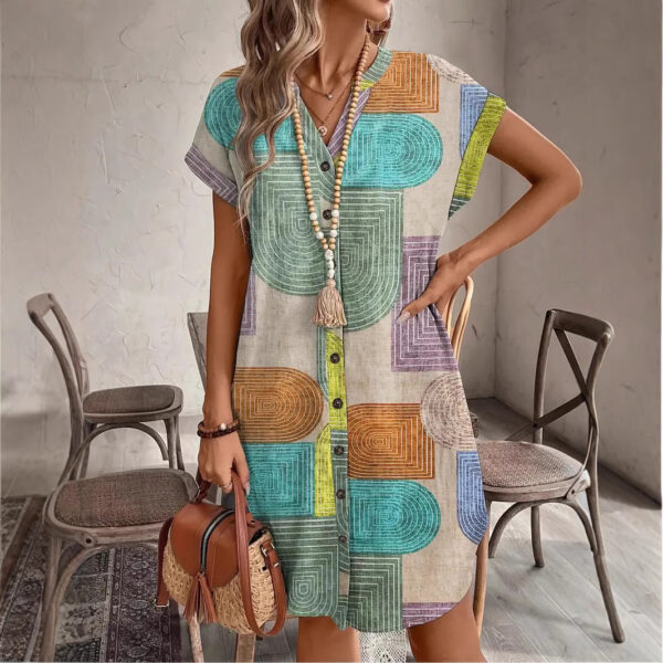 Printed Woven Elegant V-neck Button Dress - Image 2