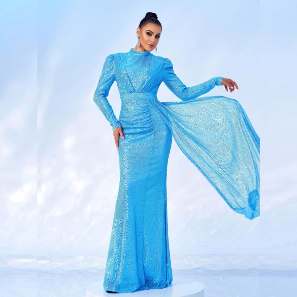 Long Sleeve Round Neck Sexy Slim Long Sequined Banquet Dress - Image 7