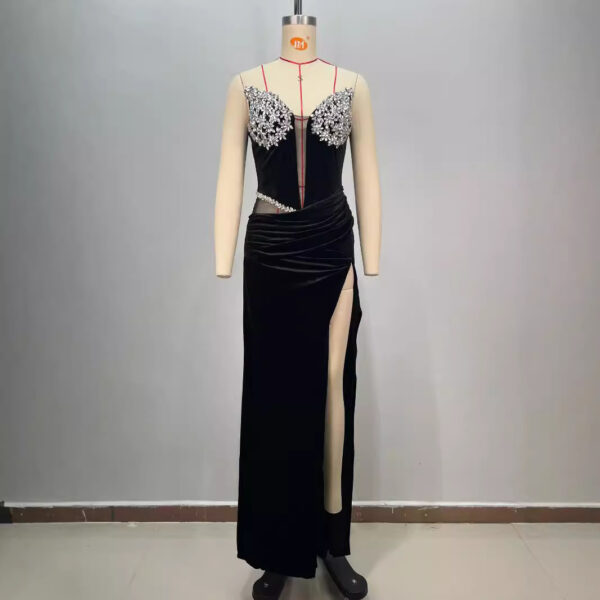 Women's Black Bandeau Slim-fit Hot Drilling Long Dress - Image 3