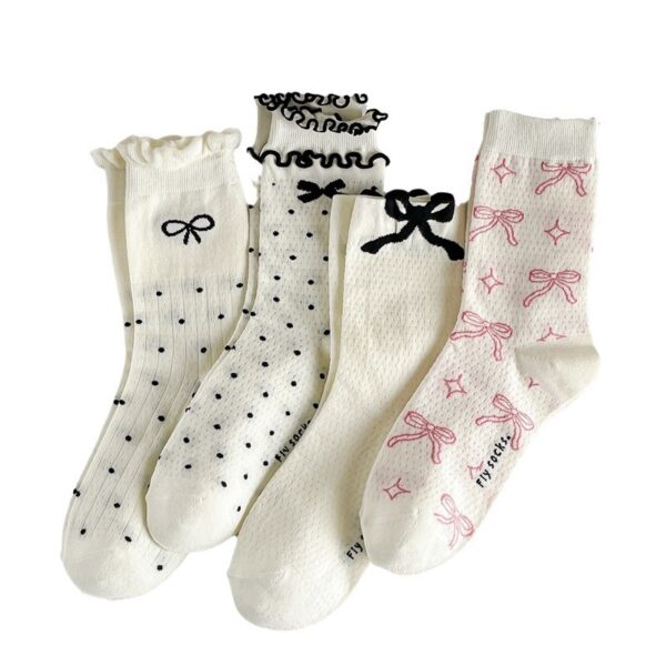 Three-dimensional Curling Polka Dot Bow Female Ballet Style Pure Cotton Mid-calf Length Socks - Image 6