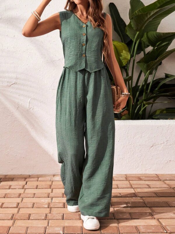 Women's Solid Color Front Button Sleeveless Blouse And Long Pants Casual Suit Set - Image 2