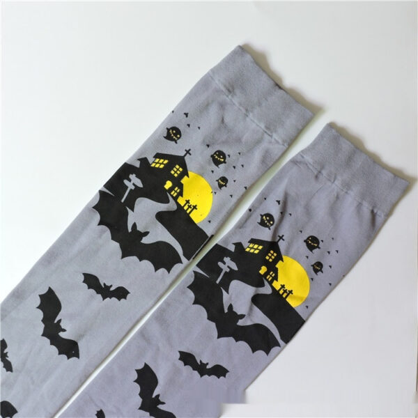 Halloween Printing Craft Spider Web Bat Skull Castle Pattern Over The Knee Stockings - Image 10