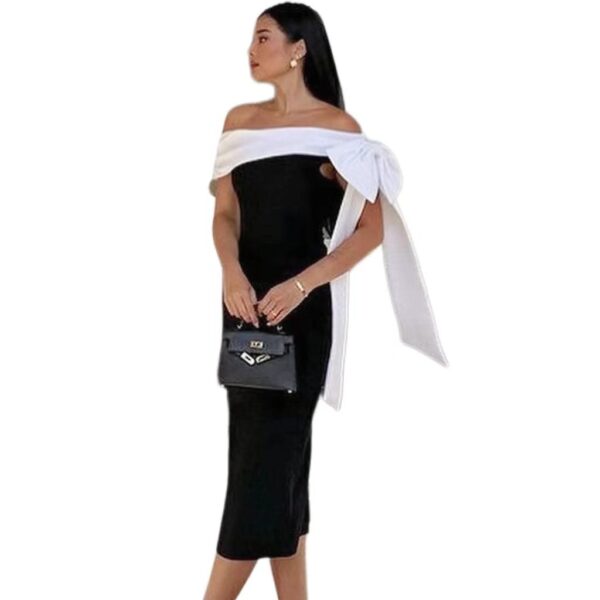 Women's Off-shoulder Bow Black And White Color Matching Elegant Cocktail Dress - Image 4