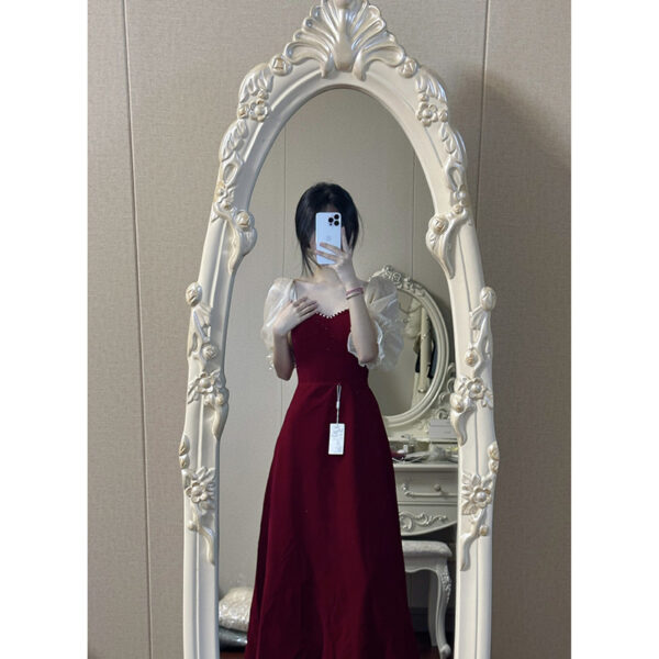 Small Plus Size Wine Red Puff Sleeve Princess High-grade Evening Dress - Image 9