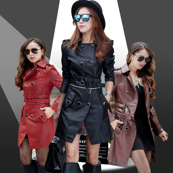 PU leather mid-length trench coat