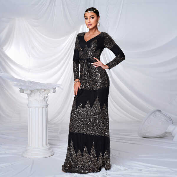 Long Sleeve V-neck Sexy Slim-fit Long Sequined Banquet Evening Dress - Image 4