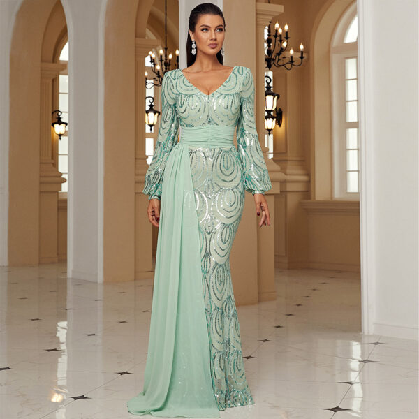 Long Sleeve Sexy Long Sequined V-neck Banquet Ribbon Evening Dress - Image 8