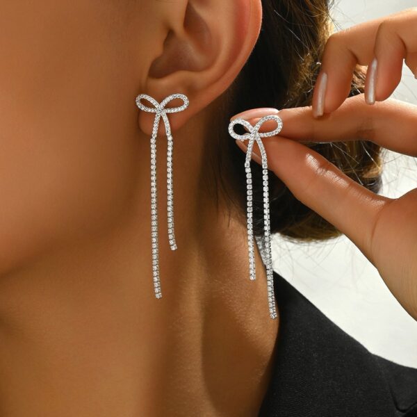 Women's Bridal Silver Bow Rhinestone Women's Pendant Earrings - Image 2