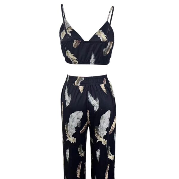 Ladies' High Waist Drawstring Feather Flower Printed Pants, Beach Pocket Pants, Sexy Top Set - Image 3