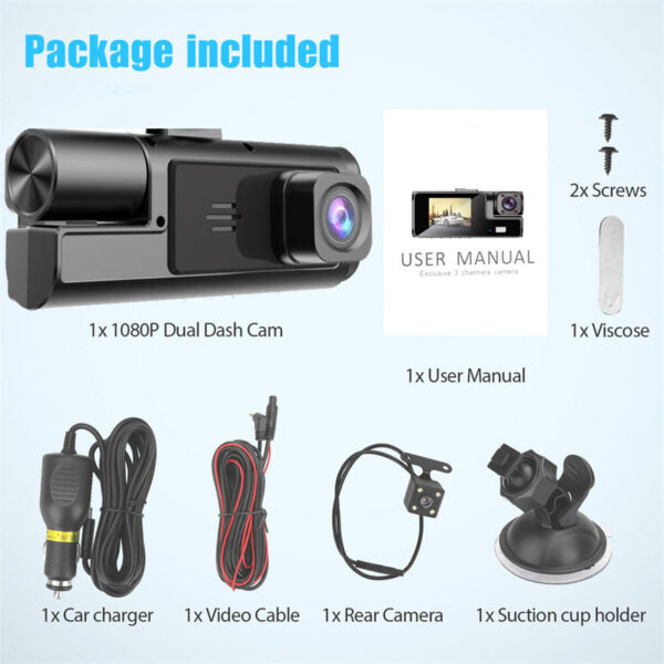 Dash Cam Car HD 1080P Front-Rear-Inside Dual Lens Video Recorder Camera G-Sensor