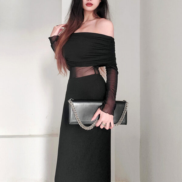 Women's Winter Sexy Off-the-shoulder Pleated Long Sleeve Polyester Dress - Image 4