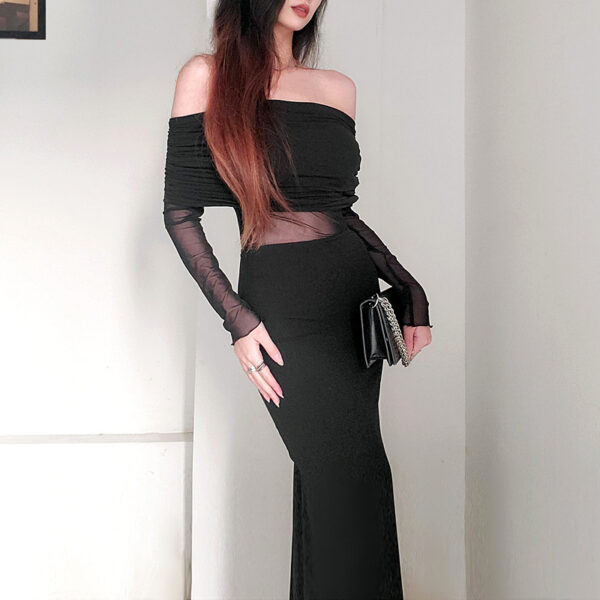 Women's Winter Sexy Off-the-shoulder Pleated Long Sleeve Polyester Dress - Image 9