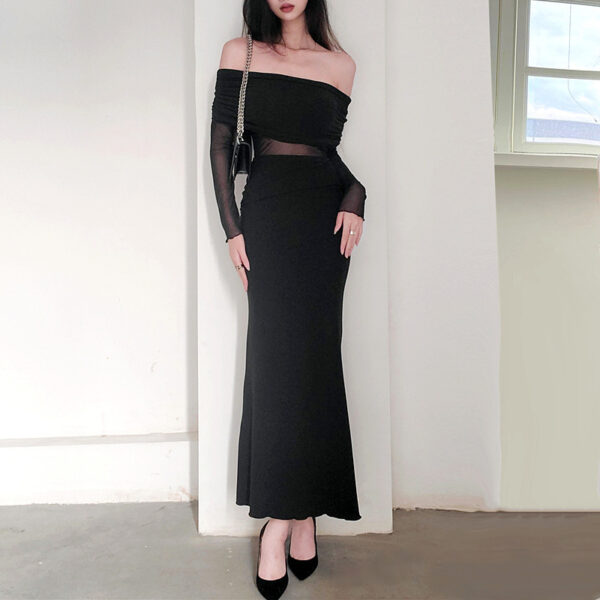 Women's Winter Sexy Off-the-shoulder Pleated Long Sleeve Polyester Dress - Image 2