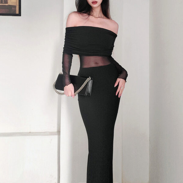 Women's Winter Sexy Off-the-shoulder Pleated Long Sleeve Polyester Dress - Image 6