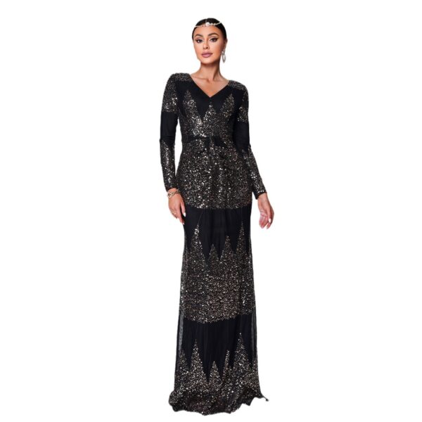 Long Sleeve V-neck Sexy Slim-fit Long Sequined Banquet Evening Dress - Image 2