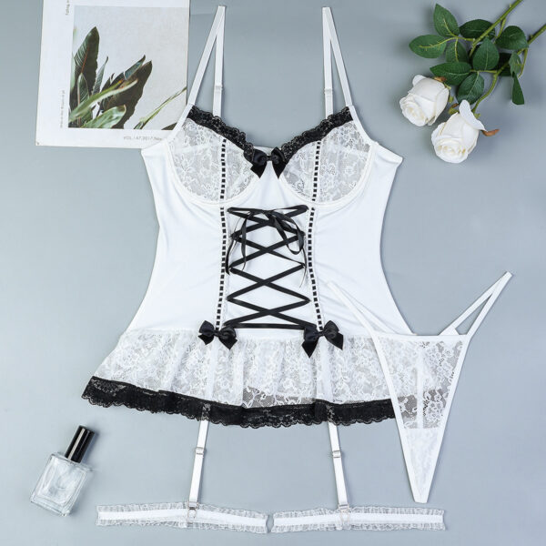 Lace Cross Strap Bow Black Hit White Suit - Image 5