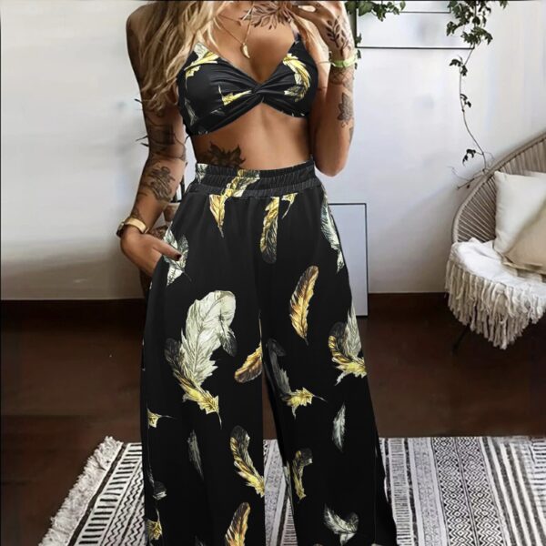 Ladies' High Waist Drawstring Feather Flower Printed Pants, Beach Pocket Pants, Sexy Top Set