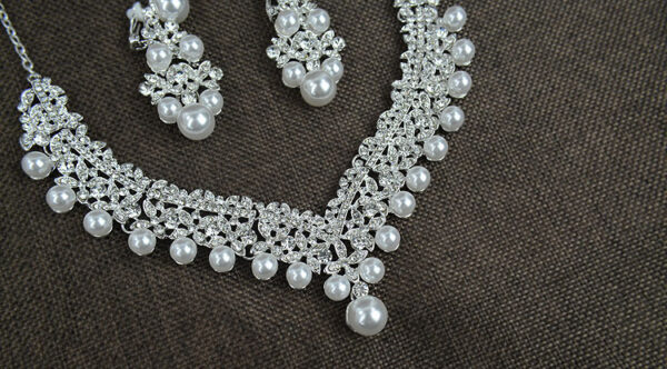 White pearl necklace diamond suit bride wedding accessories hair earrings set 0284 - Image 5