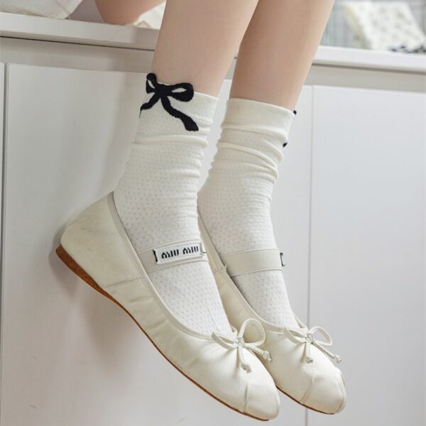 Three-dimensional Curling Polka Dot Bow Female Ballet Style Pure Cotton Mid-calf Length Socks - Image 5