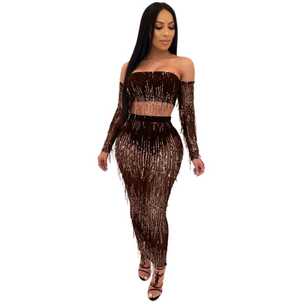 Fashion Sexy See-through Mesh Sequins Tassel Two-piece Set - Image 5