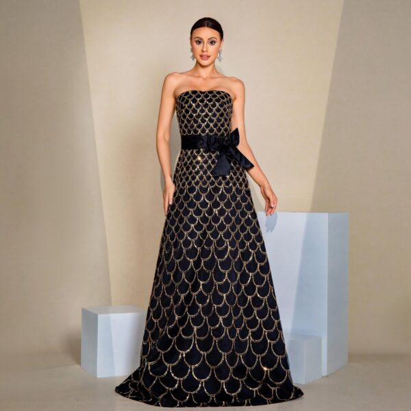 Off-neck Wrapped Chest Nipped-waist Large Swing Sequined Evening Dress - Image 3