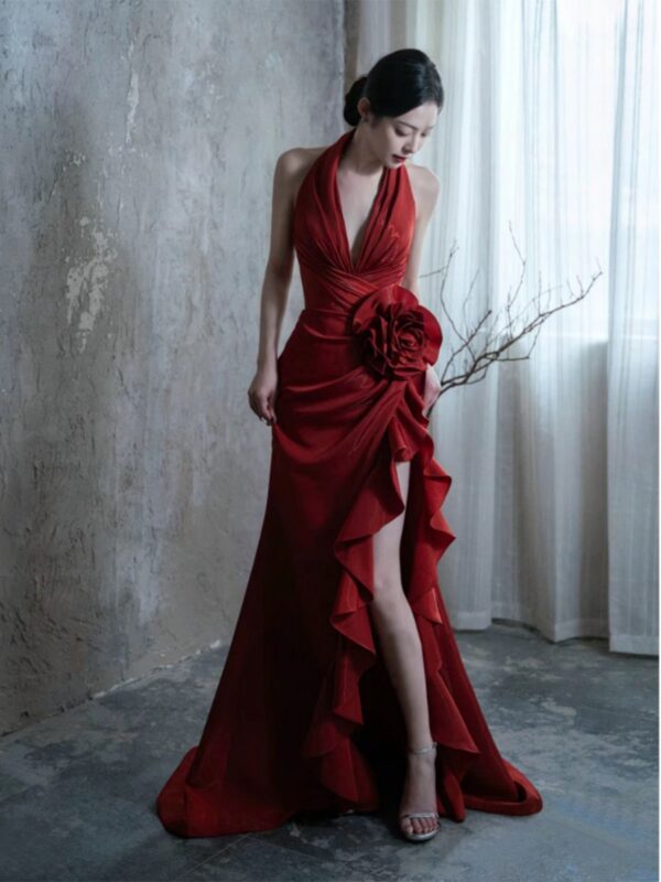 Socialite Style Wine Red Elegant Halter Bride Wedding Toast Dress - Image 2