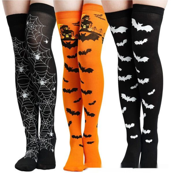 Halloween Printing Craft Spider Web Bat Skull Castle Pattern Over The Knee Stockings - Image 3