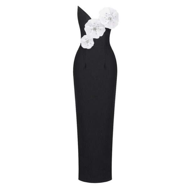 Black Backless Bandage Chest White Exquisite Flower Decorative Dress For Women Dress - Image 2