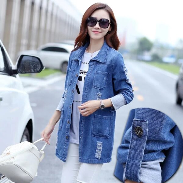 Women's Loose Ripped Mid-length Denim Jacket - Image 3