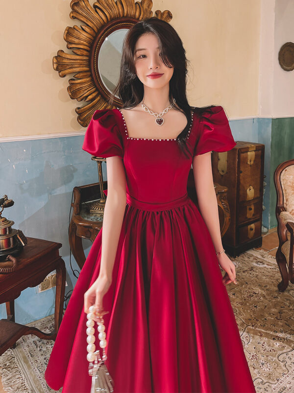 Winter Wine Red Engagement Daily French Princess On The Run Satin Dress - Image 2