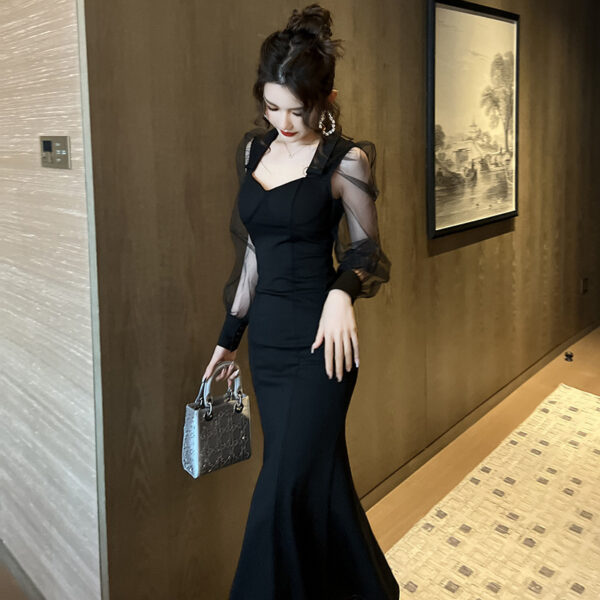 French Style Square Collar Long Dress For Women Hepburn Style Elegant Socialite Mesh Puff Sleeve Fishtail Dress - Image 4