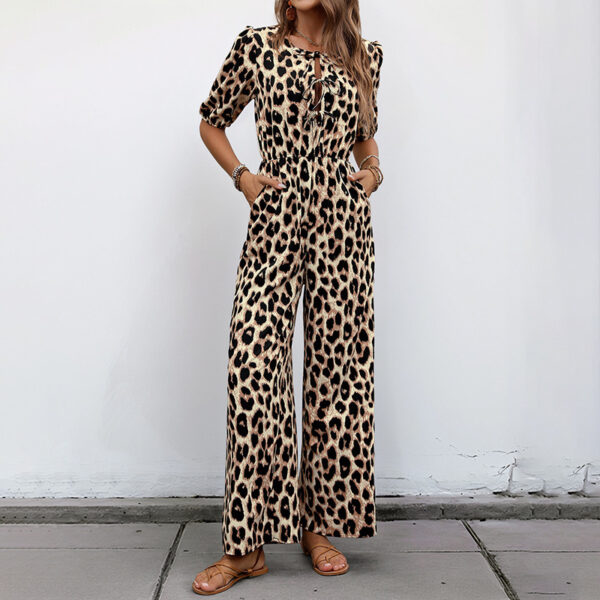 European And American Jumpsuit Tied High Waist Leopard Print One-piece Trousers - Image 5