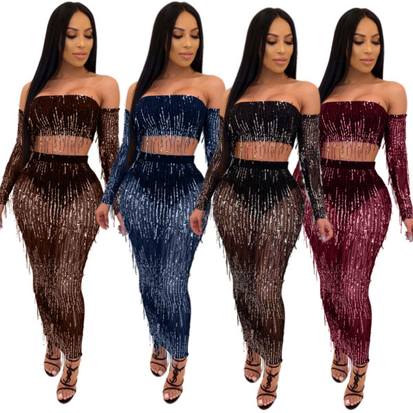 Fashion Sexy See-through Mesh Sequins Tassel Two-piece Set - Image 9