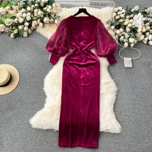 Vintage Velvet Dress High-end Affordable Luxury Niche Lantern Sleeve Slim Mid-length Split Knee-length Court Style Dress - Image 9