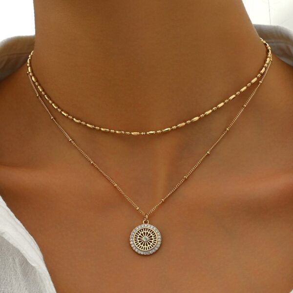 Elegant Gold Layered Necklace Set With Crystal Medallion  Pendant - Chic And Versatile Jewelry For Women - Image 3