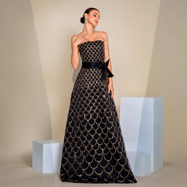 Off-neck Wrapped Chest Nipped-waist Large Swing Sequined Evening Dress - Image 4