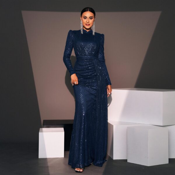 Long Sleeve Round Neck Sexy Slim Long Sequined Banquet Dress - Image 8