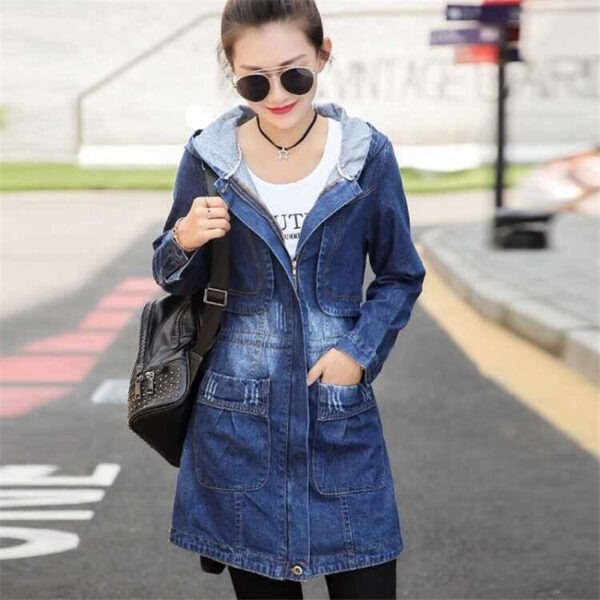 Women's Mid-length Long-sleeved Hooded Denim Jacket - Image 4