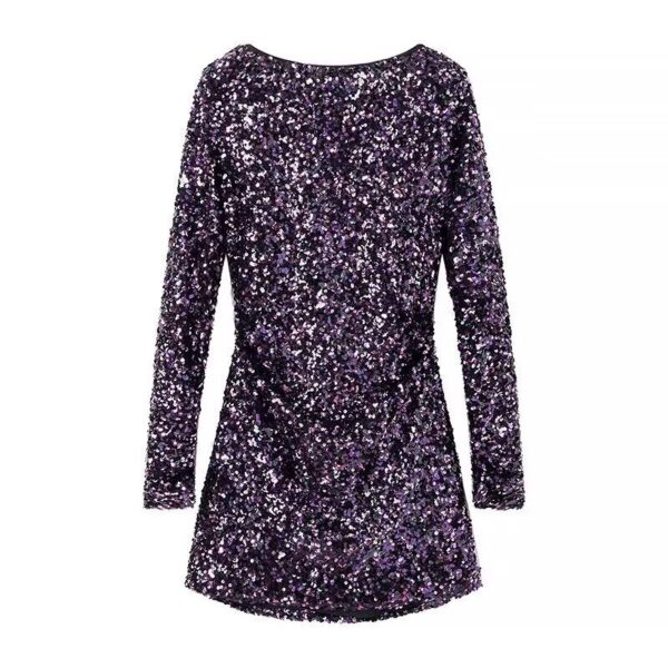 French Style Retro Crew Neck Long Sleeve Sequined Backless Dress - Image 7