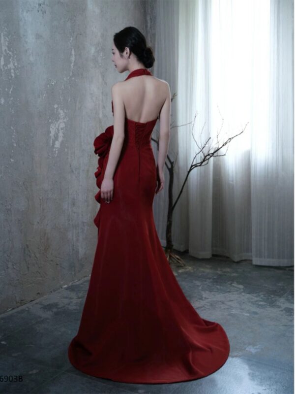 Socialite Style Wine Red Elegant Halter Bride Wedding Toast Dress - Image 9