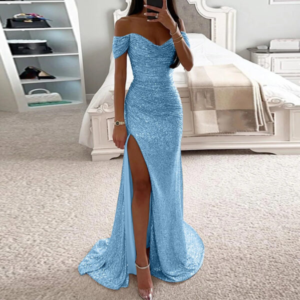 Female Creative Solid Color Sparkling Slit Dress - Image 9