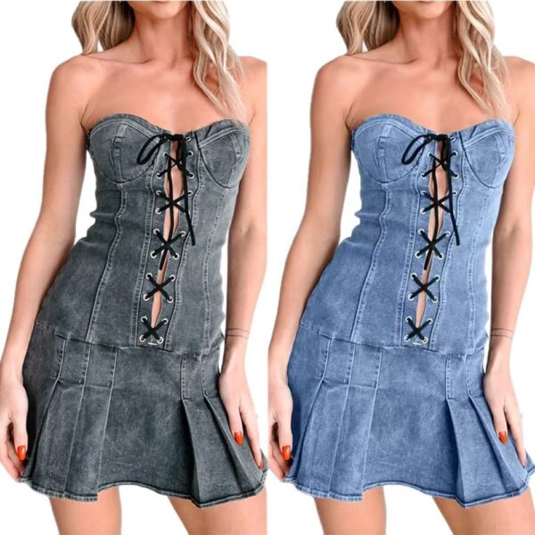 Low Waist Rope Tube Top Denim Dress Women - Image 2