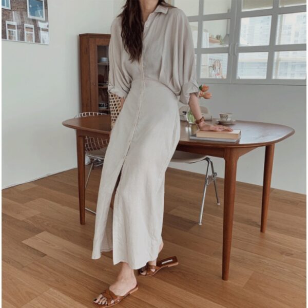 Loose Slimming Shirt Long Skirt Over The Knee French Retro Cotton Linen Dress - Image 5