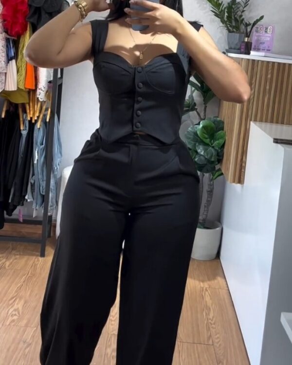 Apricot Sling Short Tight Vest Suit High Waist Wide Leg Trousers - Image 3