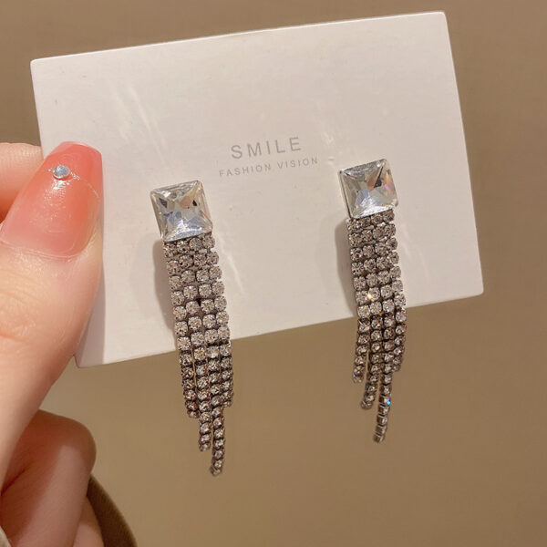 Sterling Silver Needle Sparkling Long Fringed Zircon Earrings - Image 3