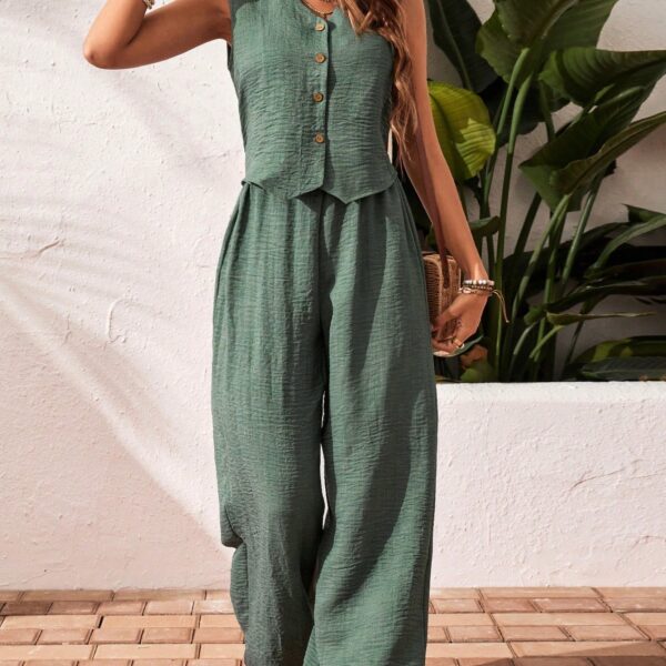 Women's Solid Color Front Button Sleeveless Blouse And Long Pants Casual Suit Set