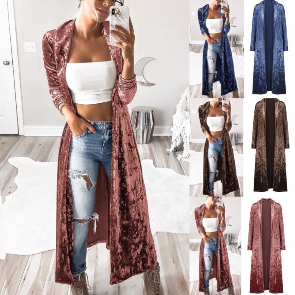 Long Sleeve Velvet Cardigan Windbreaker Long Coat Lady